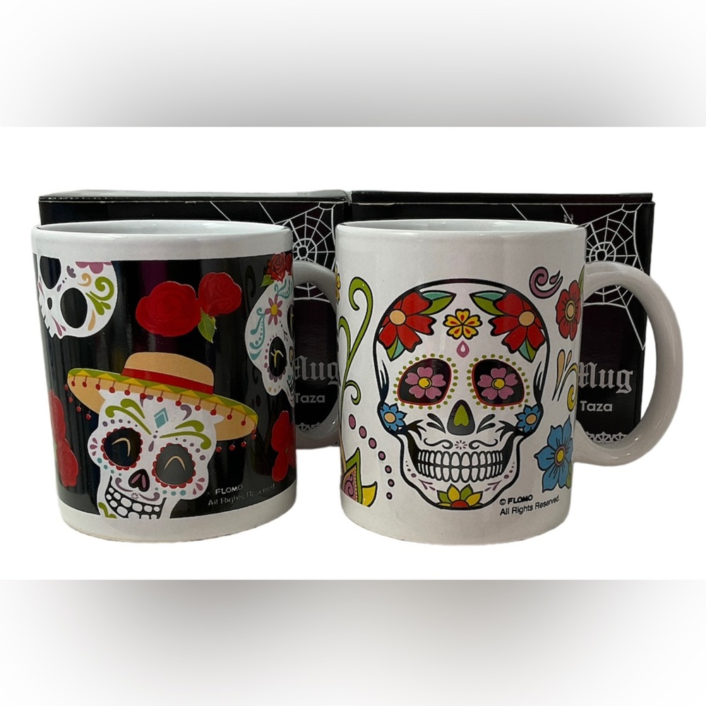 Sugar Skull Coffee Mugs Day of the Dead Set of 2 Gift Box